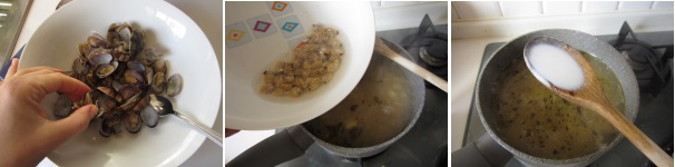 Sgusciate le vongole. Quando le patate inizieranno essere morbide, dopo circa 20-25 minuti, aggiungetele alla zuppa. Unite anche la panna e portate la zuppa ad ebollizione. Cuocete per qualche minuto e servite subito.