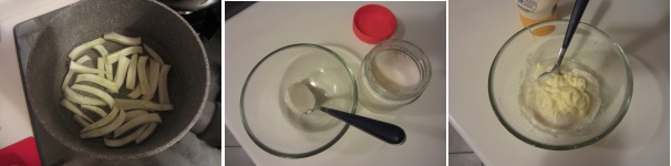 Tagliate il sedano a bastoncini e mettetelo in una pentola. Coprite con l’acqua bollente per circa 3 minuti. Intanto preparate la salsa. In una ciotola versate lo yogurt. Aggiungete la maionese.
