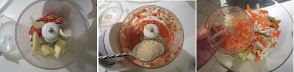 Sbucciate l’aglio e lavate i peperoncini. Tagliate via l’estremità. Sbucciate anche lo zenzero. Unite tutto in un tritatutto e sminuzzate fino ad ottenere una pasta. Aggiungete allora lo zucchero e azionate nuovamente il mixer. Unite il condimento alla verdura e mescolate.