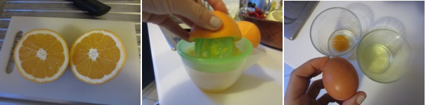 Lavate l’arancia e tagliatela a metà. Spremete il succo e tenetelo da parte. Lavate ed asciugate l’uovo. Dividete il tuorlo dall‘albume. Tenete il tuorlo a temperatura ambiente.