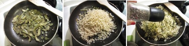 Cospargete i carciofi con il timo e rimescolate bene. Scolate l’orzo e versatelo sopra i carciofi. Rimescolate di nuovo e cuocete per circa 5 minuti a fuoco lento. Alla fine della cottura cospargete con il pepe e disponete nei piatti.