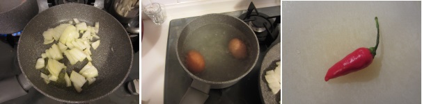 Sbucciate la cipolla e tagliatela finemente. Versate l’olio di semi nella padella e soffriggete la cipolla fin quando non diventerà lucida. In un’altra pentola cuocete le uova con poco sale fino a renderle sode. Lavate il peperoncino.