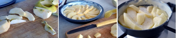 Sbucciate le mele, privatele del picciolo e tagliatele a fette, quindi ponetele in una teglia con lo zucchero e il burro ammorbidito e lasciate caramellare a fuoco dolce per circa 8-10 minuti.