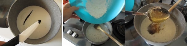 Preparate la crema di latte. In una casseruola versate 200 millilitri di latte. Tagliate la stecca di vaniglia ed estraete dei semi, aggiungeteli al latte ed immergete anche la bacca. Iniziate a scaldare il latte. Nel frattempo, in una ciotola mescolate 35 grammi di zucchero a velo e l’amido. Versate gli ingredienti secchi a pioggia nel latte caldo, mescolando continuamente. Quando diventerà denso, aggiungete il miele, rimescolate bene e spegnete il fuoco.