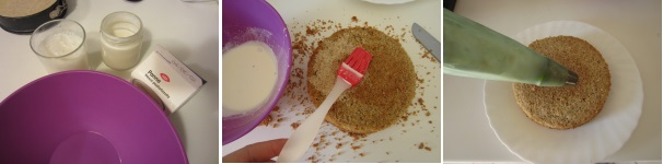 Preparate la bagna. Unite in una ciotola il latte intero, il latte condensato e 50 millilitri di panna. Sbattete il liquido con una frusta. Sfornate la torta e fatela raffreddare. Se è necessario tagliate la parte superiore per appiattire la torta. Spennellate la torta con la bagna diverse volte, fino al completo assorbimento. Avvolgete la torta nella pellicola alimentare e mettetela in frigorifero per circa 30 minuti. Montate la panna restante con poco zucchero a velo. Coprite la torta con la panna montata, magari usando una sac a poche, e rimettetela nel frigorifero per farla raffreddare completamente.