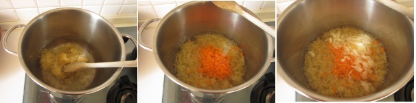 Mettete il crauti in mezzo litro di acqua e cuoceteli per circa 30 minuti a fuoco lento. Se il crauti è molto aspro, buttate l’acqua, se invece vi piace il sapore acidulo, usate l’acqua della cottura aggiungendola all’altra acqua. In un’altra pentola mettete un litro di acqua e il crauti cotto. Pelate una carota e grattugiatela, quindi aggiungetela alla zuppa. Sbucciate la cipolla e tagliatela a cubetti, poi unitela alla zuppa.