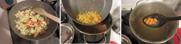 Riscaldate l’olio in una padella e aggiungete la pancetta. Sbucciate la cipolla e tagliatela a cubetti, quindi soffriggetela insieme alla pancetta. Sbucciate la carota e tagliatela finemente, poi aggiungetela al resto. Quando la cipolla si dorerà, aggiungete il soffritto alla zuppa. Rimescolate bene e continuate a cuocere a fiamma medio-bassa.