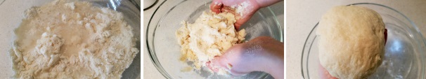 Versate l’acqua molto fredda e un pizzico di sale. Continuate a lavorare la pasta fino ad avere una massa liscia, elastica e priva di grumi. Formate un panetto con la pasta ottenuta.