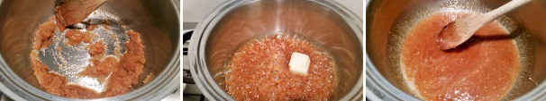 Iniziate a far scaldare lo zucchero a fiamma vivace per un paio di minuti, una volta che inizierà a sobbollire unite 20 grammi di burro e continuate a mescolare con un cucchiaio di legno in modo che si sciolga.
