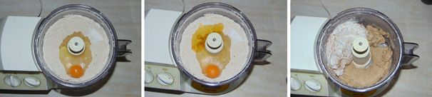 Attivate il mixer e fate in modo che gli ingredienti ed il burro si amalgamino bene, continuate ad unire l’uovo ed il miele quindi riavviate il mixer fino a che non si sarà formata una palla d’impasto. Attivate il mixer e fate in modo che gli ingredienti ed il burro si amalgamino bene, continuate ad unire l’uovo ed il miele quindi riavviate il mixer fino a che non si sarà formata una palla d’impasto.