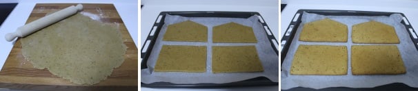 Prelevate l’impasto dal frigorifero e rimettetelo sul piano di lavoro ben infarinato, quindi stendetelo con il mattarello in modo da ricavare una sfoglia alta circa mezzo centimetro. Utilizzando le sagome di cartone che avete preparato, ritagliate le parti della casetta e trasferitele su una teglia rivestita di carta forno. Infornate a 190 °C per circa 10-15 minuti. Il pan di zenzero è pronto quando inizia a colorarsi. A questo punto sfornatelo e lasciatelo raffreddare.