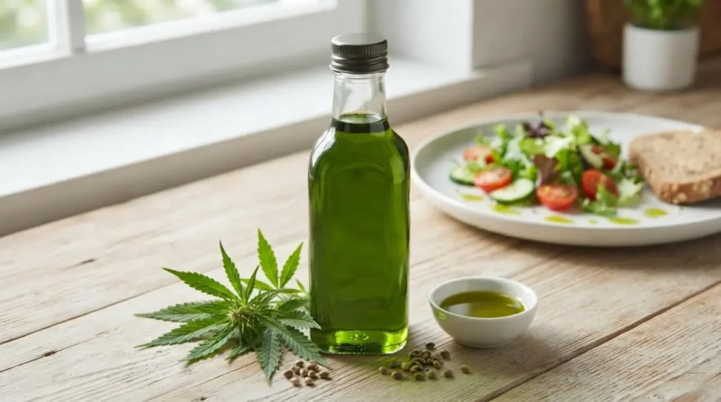 Bottiglia di olio di canapa verde brillante posizionata al centro su un tavolo in legno con foglie e semi di canapa e un piatto con insalata sullo sfondo.