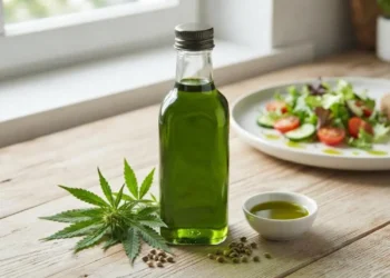 Olio di canapa benefici e proprietà Bottiglia di olio di canapa verde brillante posizionata al centro su un tavolo in legno con foglie e semi di canapa e un piatto con insalata sullo sfondo.