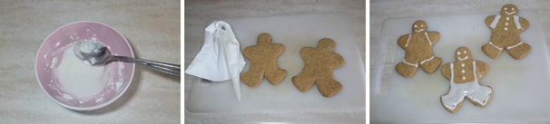 Lavorate zucchero ed albume fino ad ottenere una ghiaccia soda, quindi riempite una sac a poche e decorate i vostri omini. Lasciate che la ghiaccia si solidifichi prima di servire i biscotti. Lavorate zucchero ed albume fino ad ottenere una ghiaccia soda, quindi riempite una sac a poche e decorate i vostri omini. Lasciate che la ghiaccia si solidifichi prima di servire i biscotti.