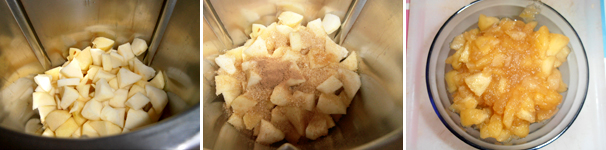 Per prima cosa occorre preparare la farcitura di mele in modo che si raffreddi per bene. Quindi sbucciate le mele e nel boccale inserite i pezzetti di mela, un cucchiaino raso di cannella, 40 grammi di zucchero di canna e il succo di un limone. Cuocete per 15 minuti a 100 gradi velocità 1 antiorario. Mettete il composto in una ciotola e lasciatelo raffreddare.