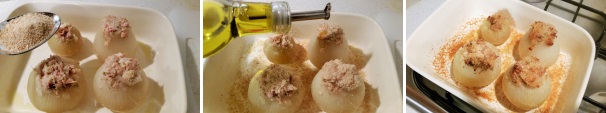 Adagiate le cipolle ripiene su di una teglia o in una pirofila, irrorata con dell’olio d’oliva, spolverizzate con un cucchiaio di pangrattato, terminate con un filo d’olio e mettete in forno a 180 °C per 15 minuti, o almeno fino a quando la superficie avrà un aspetto croccante e dorato.