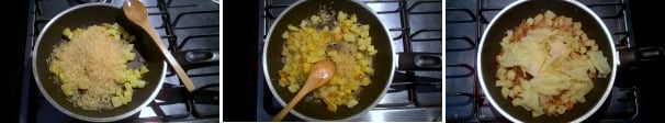 Fate rosolare le patate per 5 minuti o fino a quando non diventano dorate. Aggiungete il riso e fatelo tostare per un paio di minuti, fino a quando non diventa trasparente. Aggiungete le foglie di verza.