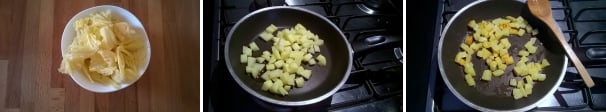 Iniziate pulendo la verza e ricavando solo le foglie del cuore centrale. Tagliate le patate a dadini di circa un centimetro. Fate rosolare le patate in una padella con l’olio extravergine.
