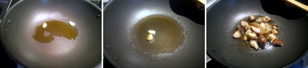 Fate rosolare l’aglio e l’olio in una padella dai bordi alti. Quando l’aglio comincia ad imbiondire aggiungete i funghi porcini, salate e fate cuocere per 15 minuti a fuoco medio.