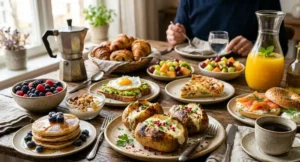 Una ricca tavola imbandita per il brunch domenicale con pancake ai mirtilli, avocado toast, uova, bagel al salmone e le iconiche patate ripiene alla robiola.