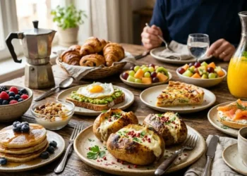 Non è domenica senza brunch: 10 ricette per ricreare l'atmosfera dei migliori bistrot Una ricca tavola imbandita per il brunch domenicale con pancake ai mirtilli, avocado toast, uova, bagel al salmone e le iconiche patate ripiene alla robiola.