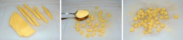 agliate a strisce la polenta fredda, preparata secondo la ricetta tradizionale, quindi tagliatela a dadini, preferibilmente di uguale misura, e cospargeteli dapprima con la farina di polenta e poi con il timo essiccato avanzato in precedenza, quindi fate in modo che questi due ingredienti si attacchino bene alla polenta.