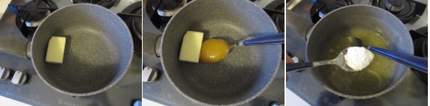 Sciogliete il burro in u pentolino insieme con il miele. Quando i due ingredienti diventano liquidi, aggiungete il bicarbonato e mescolate bene.