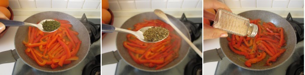 Alla fine della cottura del peperone, aggiungete le erbe, ovvero il timo e il prezzemolo. Rimescolate e lasciate cuocere ancora a fuoco lento. Aggiustate con il sale secondo il vostro gusto personale.