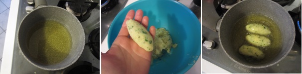 Versate olio abbondante in una pentola capiente e riscaldatelo fino a 180-190 gradi. Intanto formate i cazzilli. Ungete un po’ le mani, prendete un cucchiaio di patate sul palmo della mano e formate una specie di sigaro, arrotolandolo tra le mani. Friggete in olio caldissimo per circa 3-4 minuti, o comunque fino alla doratura giusta. Appoggiate i cazzilli sulla carta assorbente per eliminare l’eccesso di olio e serviteli subito.