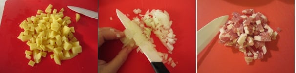 Sbucciate le patate e tagliatele a cubetti piccoli. Sbucciate la cipolla e tagliatela finemente. Tagliate la pancetta a cubetti piccoli.