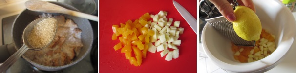 Aggiungete lo zucchero e rimescolate. Intanto sbucciate una mela e tagliatela a cubetti abbastanza piccoli. Tagliate a cubetti anche la pesca sciroppata. Mettete la frutta in una ciotola e grattugiate sopra la scorza di limone.