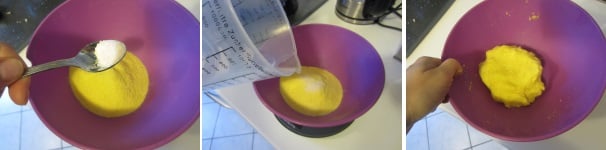 Versate la farina di mais in una ciotola ed unite il sale, quindi rimescolate. Aggiungete l’acqua calda e mescolate velocemente. Quando otterrete una consistenza molto densa, create una palla.
