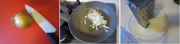 Sbucciate la cipolla e tagliatela finemente. Versate un po’ di olio nella padella e friggetela fino a quanto sarà ben dorata. Grattugiate il formaggio utilizzando una grattugia fine.