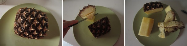 Sciacquate l‘ananas e tagliate via le estremità. Tagliate il frutto a metà e poi ancora a metà e tagliate via la buccia, ottenendo così solo la polpa.