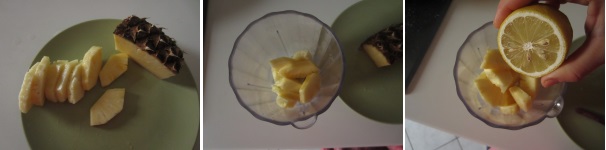 Tagliate la polpa dell’ananas a pezzettini e metteteli in un mixer per cocktail. Aggiungete lo zucchero. Lavate il limone e tagliatelo a metà. Spruzzate il succo sopra l’ananas.