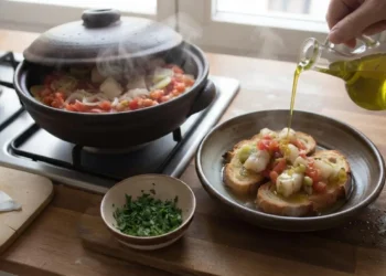 Primo piano di un piatto di acquacotta di baccalà su fette di pane tostato, con una mano che versa olio extravergine da un'ampolla di vetro, e una pentola di coccio fumante sullo sfondo.