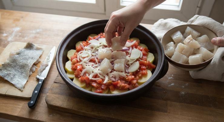 Togliete la pelle del baccalà e tagliatelo a cubetti. Mettete i cubetti di baccalà sopra la verdura.