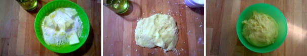 Aggiungete il vino bianco un pò alla volta, facendo assorbire quello precedente prima di aggiungerne altro. Lavorate l’impasto fino a quando sarà diventato morbido,ma non appiccicoso. Trasferitelo in una ciotola, coprite con della pellicola e trasferite in frigorifero a riposare per almeno 30 minuti.