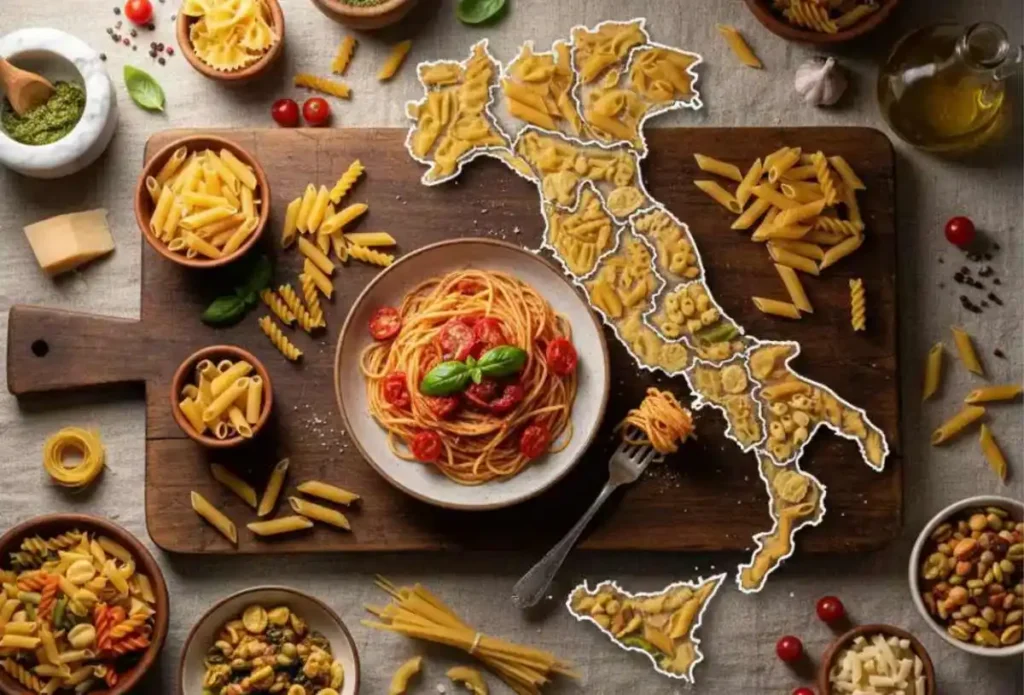 Mappa dell'Italia composta da diversi formati di pasta secca su un tagliere di legno, circondata da ciotole di spaghetti al pomodoro, penne e ingredienti tipici della cucina italiana.