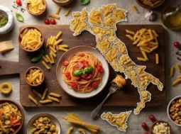 Mappa dell'Italia composta da diversi formati di pasta secca su un tagliere di legno, circondata da ciotole di spaghetti al pomodoro, penne e ingredienti tipici della cucina italiana.