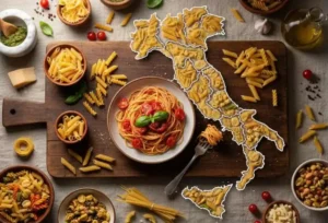 classifica-formati-pasta-italiana-2026 Mappa dell'Italia composta da diversi formati di pasta secca su un tagliere di legno, circondata da ciotole di spaghetti al pomodoro, penne e ingredienti tipici della cucina italiana.