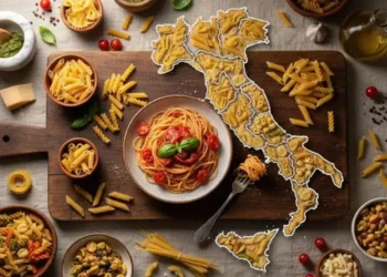 classifica-formati-pasta-italiana-2026 Mappa dell'Italia composta da diversi formati di pasta secca su un tagliere di legno, circondata da ciotole di spaghetti al pomodoro, penne e ingredienti tipici della cucina italiana.