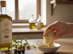 Bottiglia di olio extravergine di oliva 100% italiano con pane e olive su tavola in legno