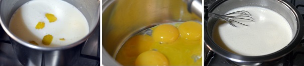 Per la preparazione della crema mettete sul fuoco il latte con la panna e le bucce di limone. Attenzione a non far bollire. In un’altra casseruola sbattete le uova con lo zucchero fino a quando non saranno spumose. Unite la fecola di patate e il latte caldo.