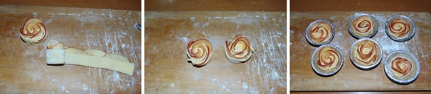 Arrotolate la striscia di pasta farcita su se stessa formando così una rosa di mele. Una volta formate tutte le tortine adagiatele all’interno di stampini per muffin e procedete alla cottura che avverrà in forno già caldo a 200 °C, statico, per un tempo che potrà variare dai 15 ai 25 minuti, a seconda del forno.