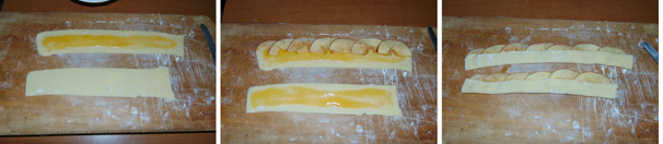 Stendete al centro delle strisce di pasta un cucchiaino di marmellata di arancia. Proseguite sistemando le fette di mela sulla metà superiore della striscia e lasciando che una parte della fetta fuoriesca dalla pasta. Continuate sovrapponendo ogni fetta alla precedente partendo da metà della stessa. Una volta sistemate le mele, richiudete la parte inferiore della pasta coprendo metà delle mele. Stendete al centro delle strisce di pasta un cucchiaino di marmellata di arancia. Proseguite sistemando le fette di mela sulla metà superiore della striscia e lasciando che una parte della fetta fuoriesca dalla pasta. Continuate sovrapponendo ogni fetta alla precedente partendo da metà della stessa. Una volta sistemate le mele, richiudete la parte inferiore della pasta coprendo metà delle mele.