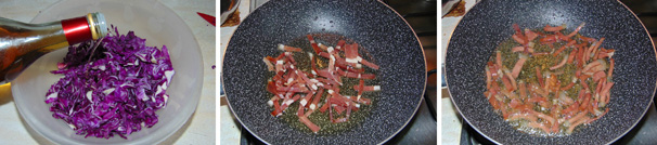 Continuate unendo i 4 cucchiai di aceto di mele, dunque mescolate e lasciate riposare in un colapasta almeno trenta minuti, in modo che l’acqua di vegetazione sgoccioli via. Passate alla cottura e tostatura del prosciutto crudo. In una padella alta versate l’olio extravergine di oliva e fatelo scaldare, quindi aggiungete il prosciutto crudo a dadini  e lasciatelo tostare a fiamma alta per almeno due minuti. Una volta fatto ciò lasciate che il tutto si raffreddi.