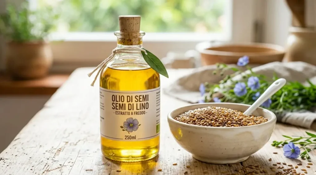 Bottiglia di olio di semi di lino estratto a freddo accanto a una ciotola di semi dorati su un tavolo rustico.