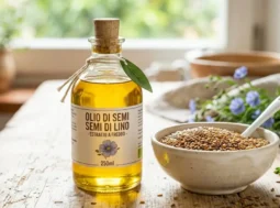 Bottiglia di olio di semi di lino estratto a freddo accanto a una ciotola di semi dorati su un tavolo rustico.