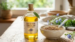 Olio di semi di lino: proprietà e utilizzi Bottiglia di olio di semi di lino estratto a freddo accanto a una ciotola di semi dorati su un tavolo rustico.